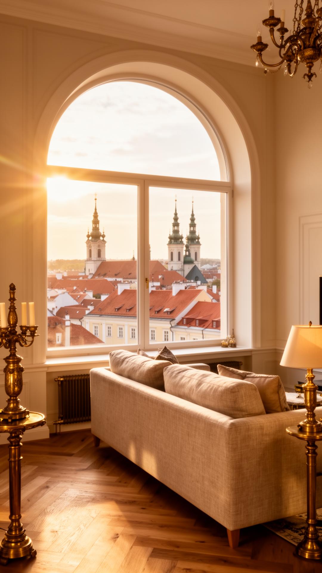 Luxury Vilnius apartment overlooking old town rooftops at golden hour